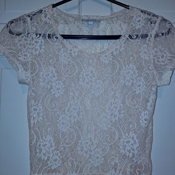 Delia's tan beige lace knit short sleeve size small peplum blouse top floral - Picture 7 of 9